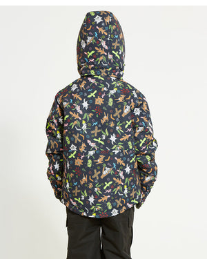 Back view of the Woodland Navy XTM Kids Yama Snow Jacket with the printed hood up