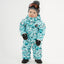 XTM Kids Papoose One-Piece Snow Suit in Yeti Shred, teal print, front view on a toddler in goggles