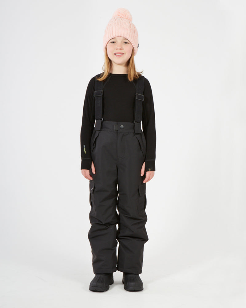 XTM Kids Pluto II Snow Pant in Black, front view on a child with braces over a black top