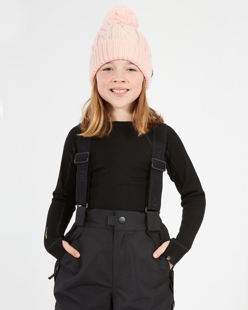 XTM Kids Pluto II Snow Pant in Black, close-up of the waist and braces on a smiling child