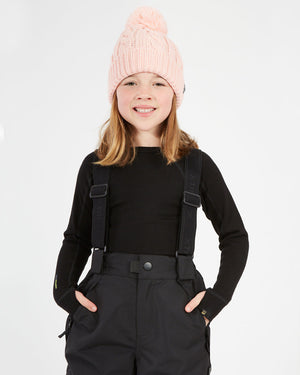 XTM Kids Pluto II Snow Pant in Black, close-up of the waist and braces on a smiling child