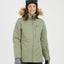 XTM Province women's ski jacket in Light Khaki, front view with fur-trimmed hood and goggles