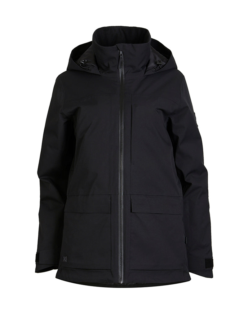 Black XTM Elevation II women's ski jacket on its own, front view with high collar and hood