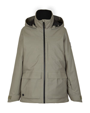 Light Khaki XTM Elevation II women's ski jacket on its own, front view with cargo-style pockets