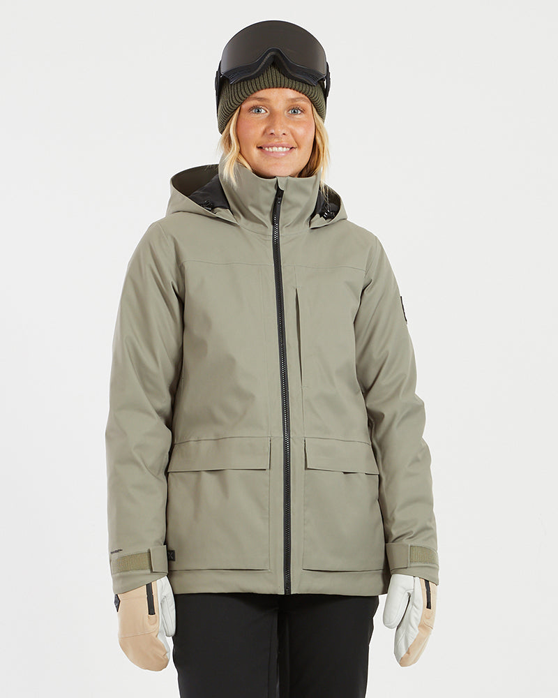 XTM Elevation II women's ski jacket in Light Khaki, front view with black main zip and hood