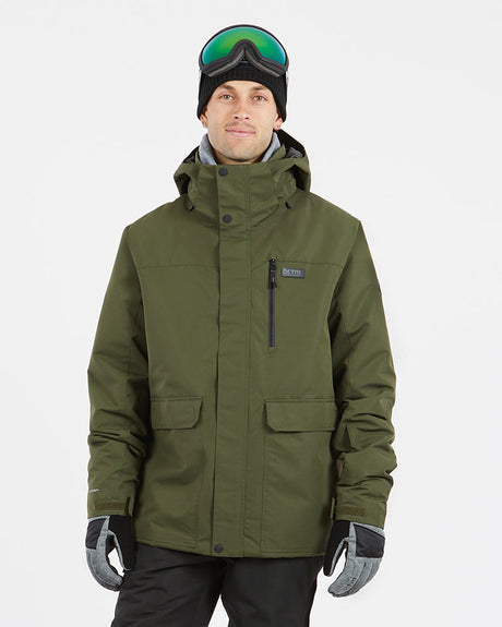XTM Mens Knox Ski Jacket in Evergreen, front view on a man wearing goggles