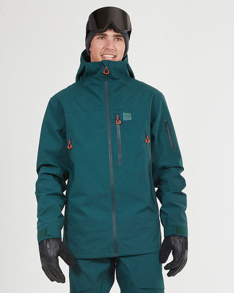 XTM Paradigm men's ski jacket in Pine green with orange zip pulls, front view