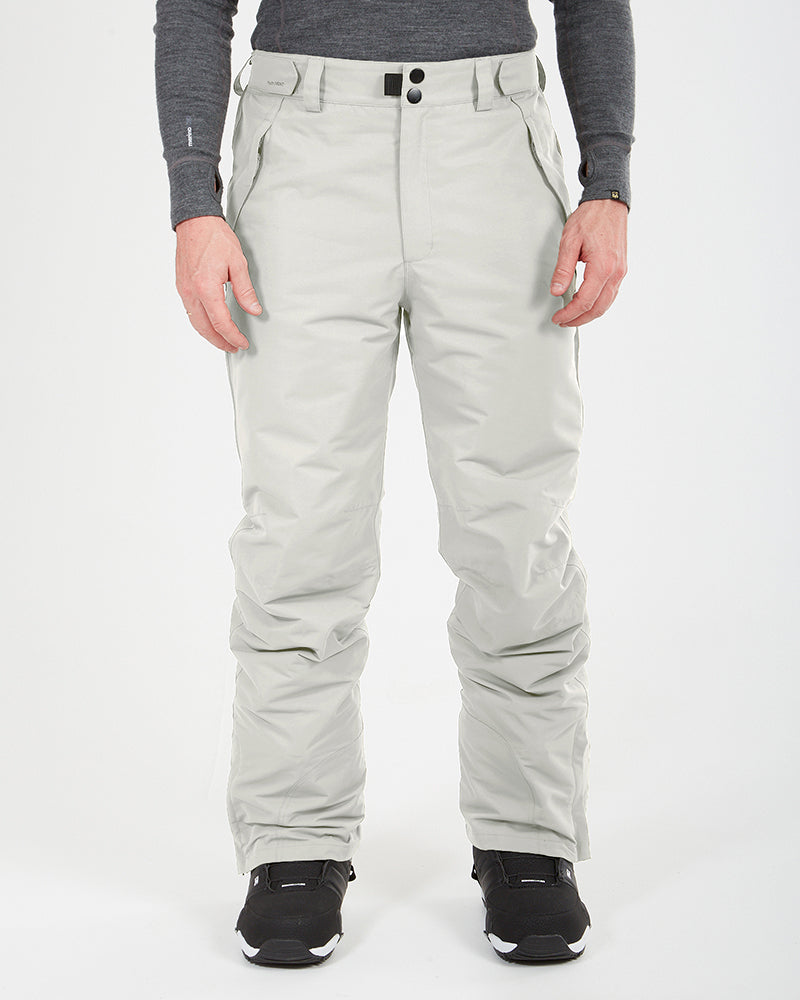 XTM Glide men's ski pant in Stone Grey, front view worn with snowboard boots