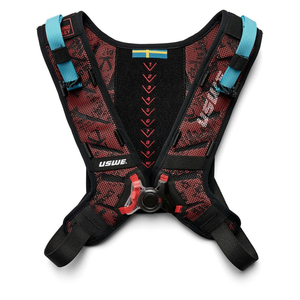 USWE NDM 2.0 Snug-Me replacement harness laid flat, red mesh shoulder straps, numbered 1-10 settings and NDM buckle