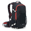 USWE Flow 16L protector pack in black with red trim, front three-quarter view showing harness and waist belt