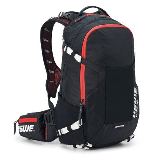 USWE Flow 16L protector pack in black with red trim, front three-quarter view showing harness and waist belt
