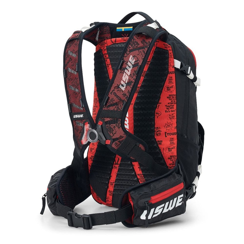 Rear view of the USWE Flow 25L showing the red and black back panel, shoulder harness and waist belt pocket