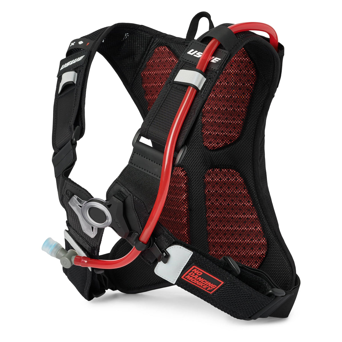 USWE MTB Hydro 3L in Black, harness side with red mesh back panel and red drink tube
