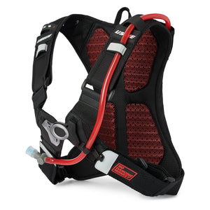 USWE MTB Hydro 3L in Black, harness side with red mesh back panel and red drink tube