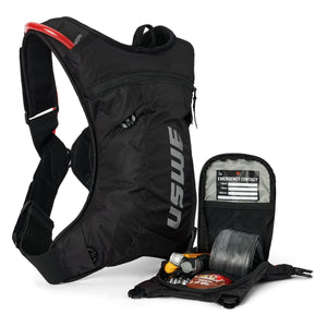 USWE MTB Hydro 3L in Black beside its detached front pocket holding a spare tube and tools