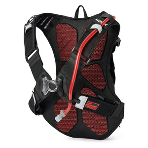 USWE MTB Hydro 9L in Black, harness side with red mesh back panel and red drink tube