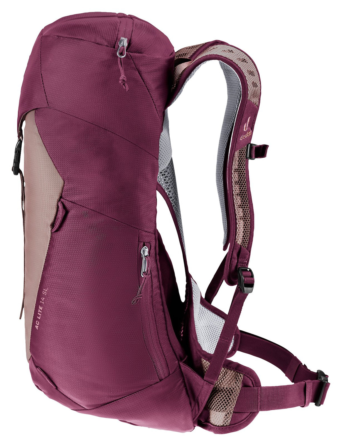 Deuter AC Lite 14 SL in Ashrose Cassis, front three-quarter view with side pocket zip
