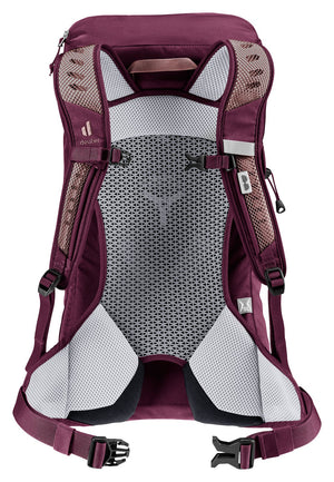 Back of the Deuter AC Lite 14 SL in Ashrose Cassis showing the tensioned mesh and sternum strap