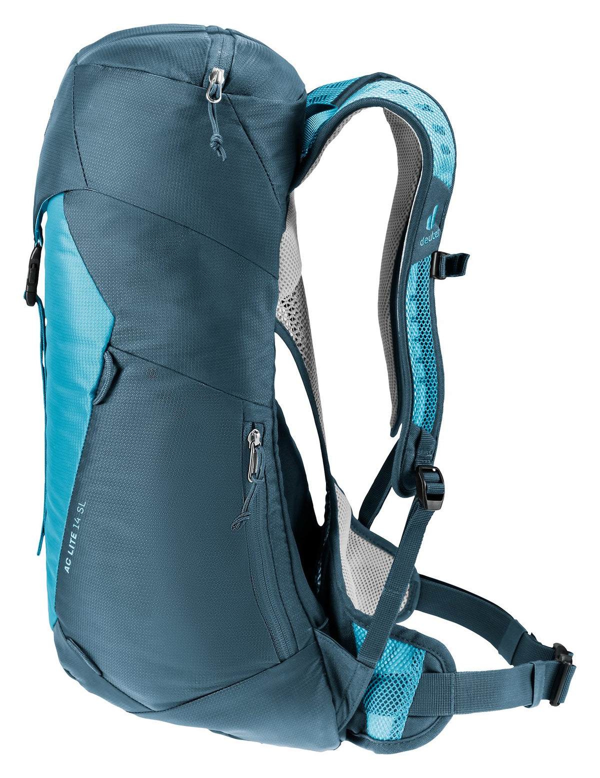 Deuter AC Lite 14 SL in Lagoon Atlantic, front three-quarter view of the side pocket