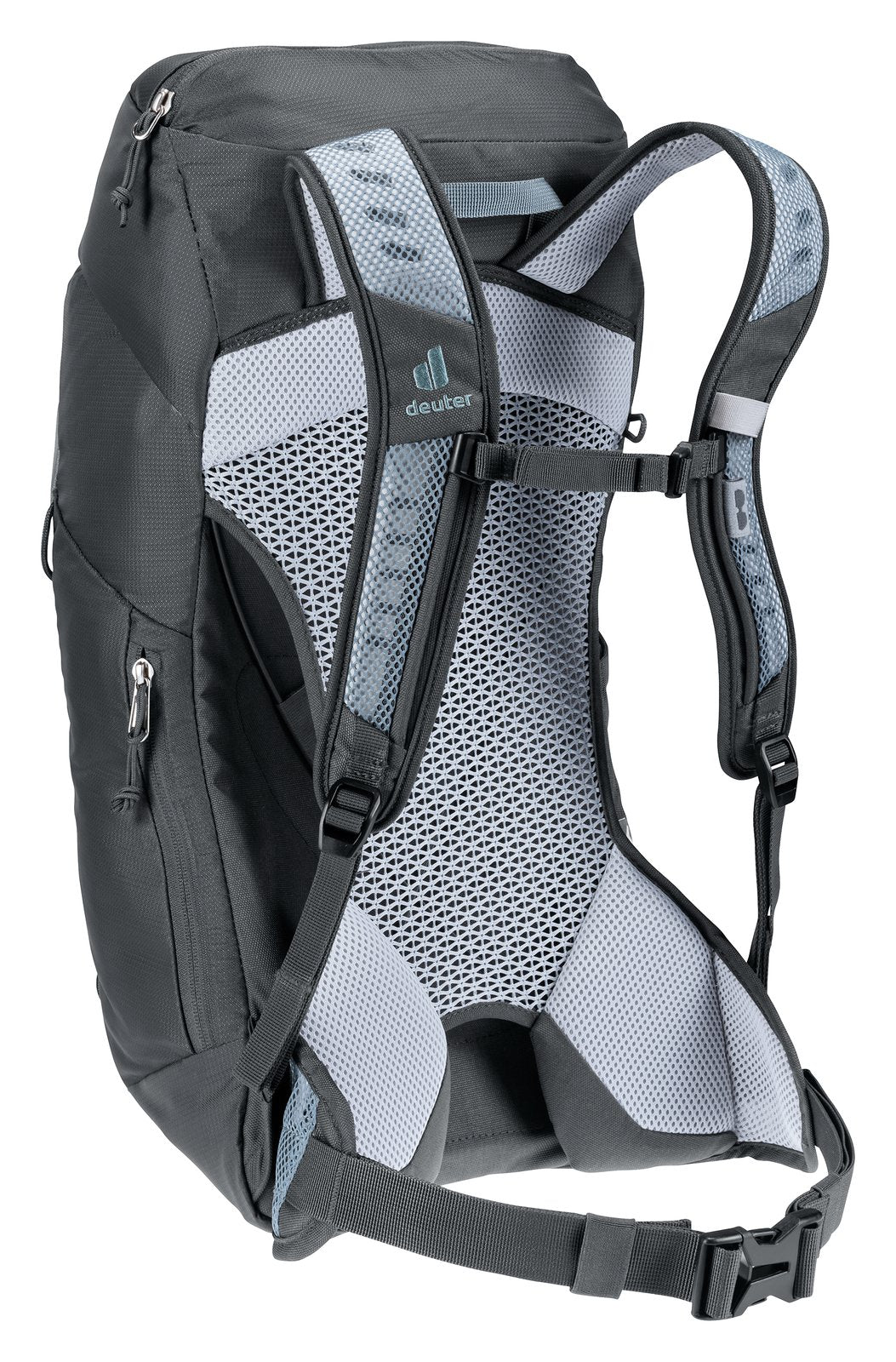 Deuter AC Lite 14 SL in Shale Graphite, rear three-quarter view of shoulder straps and mesh back