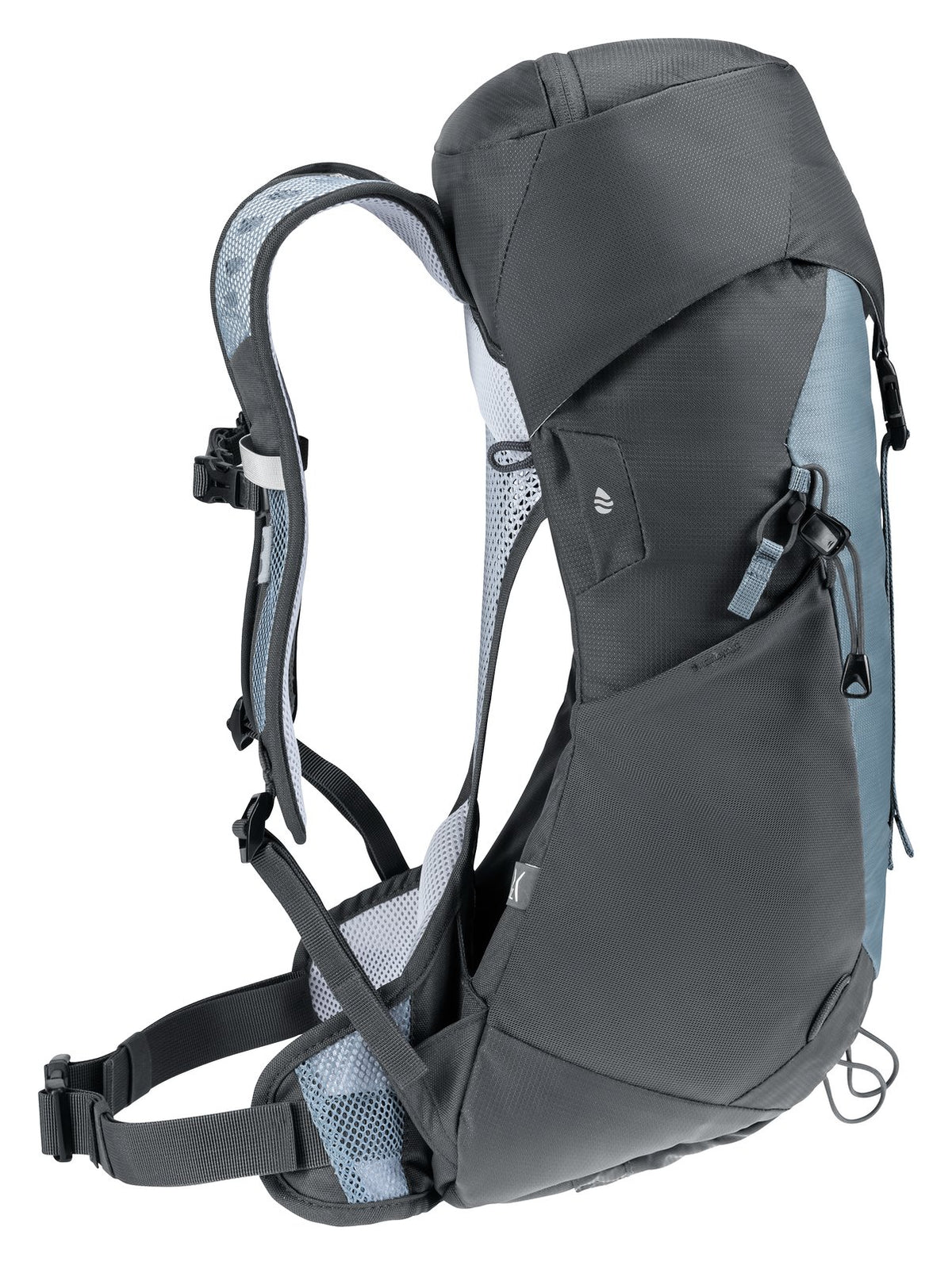 Deuter AC Lite 14 SL in Shale Graphite, side profile showing the gap between mesh and pack body
