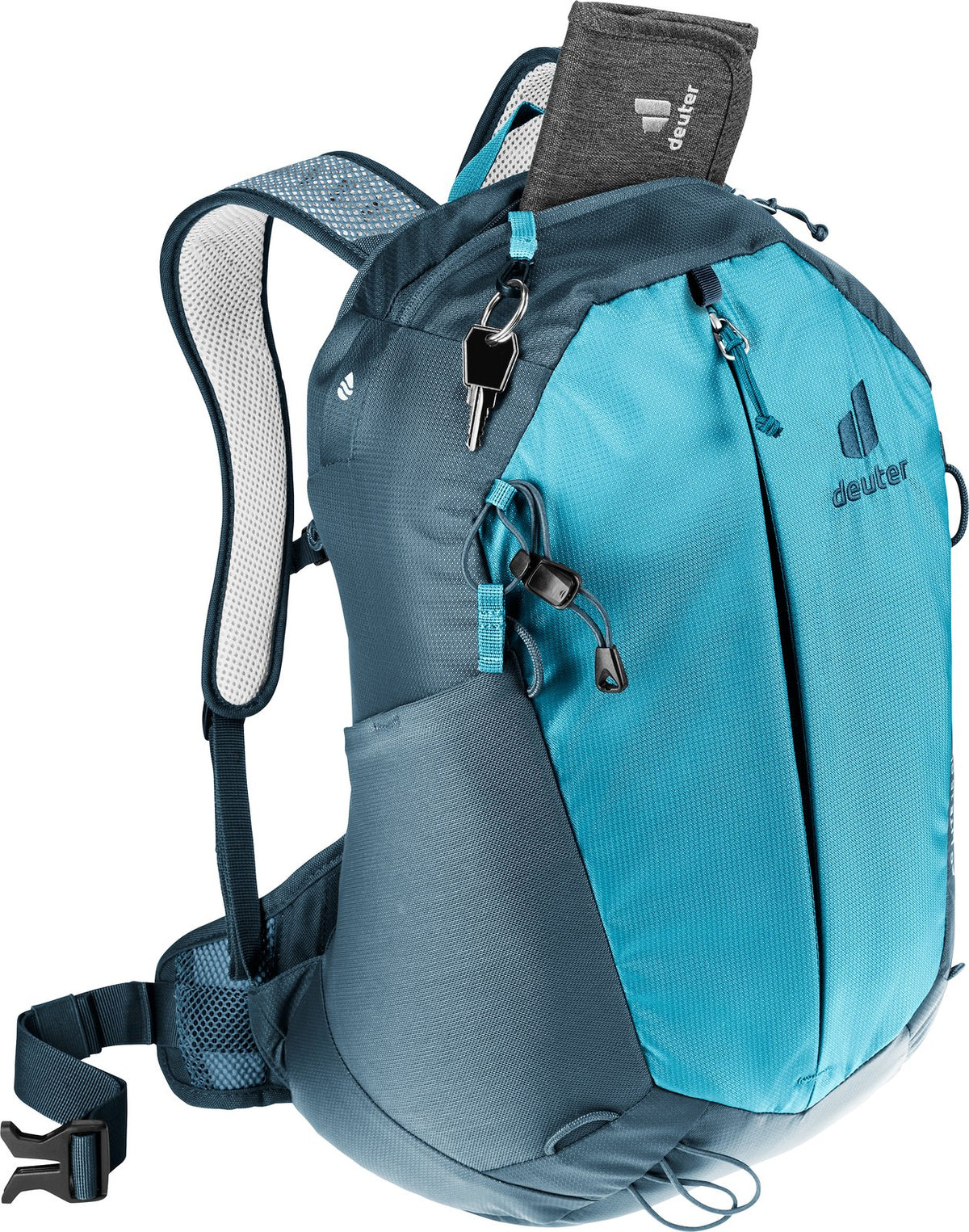 Deuter AC Lite 15 SL in Lagoon Atlantic, zipped top pocket open with keys on the clip