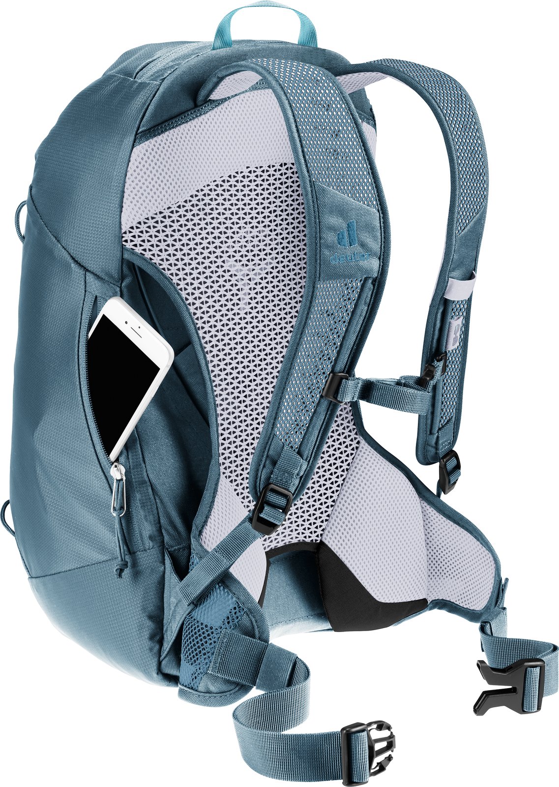 Deuter AC Lite 15 SL in Lagoon Atlantic, phone tucked into the side smartphone pocket