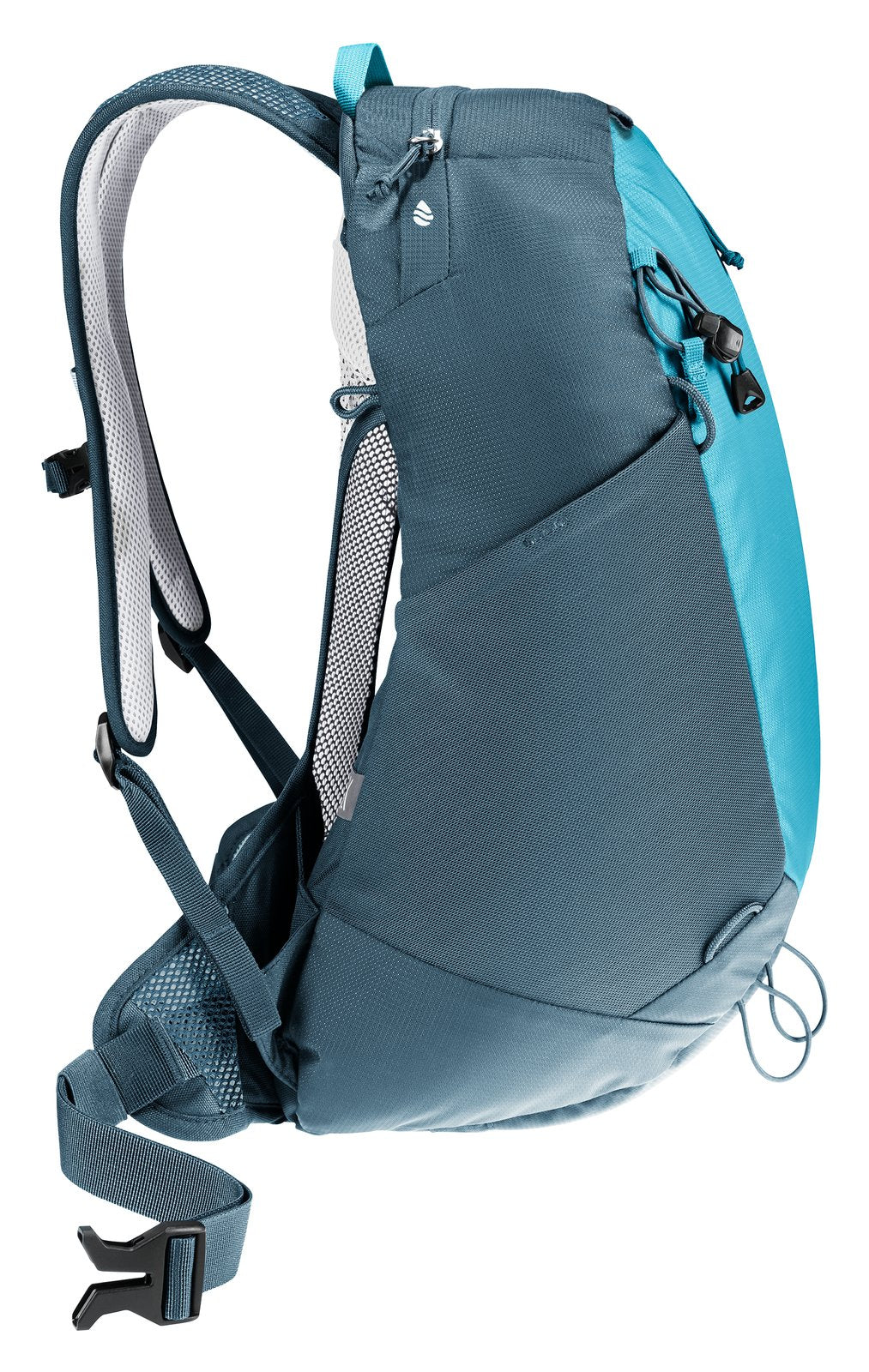 Side profile of the Deuter AC Lite 15 SL in Lagoon Atlantic with the arched spring steel frame