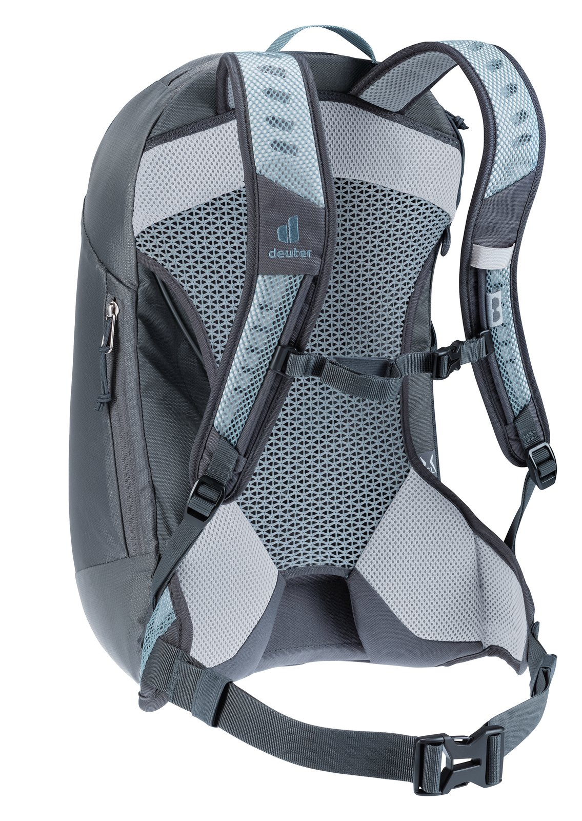 Deuter AC Lite 15 SL in Shale Graphite, rear three-quarter view of the harness and sternum strap