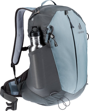 Deuter AC Lite 15 SL in Shale Graphite with a steel drink bottle in the mesh side pocket
