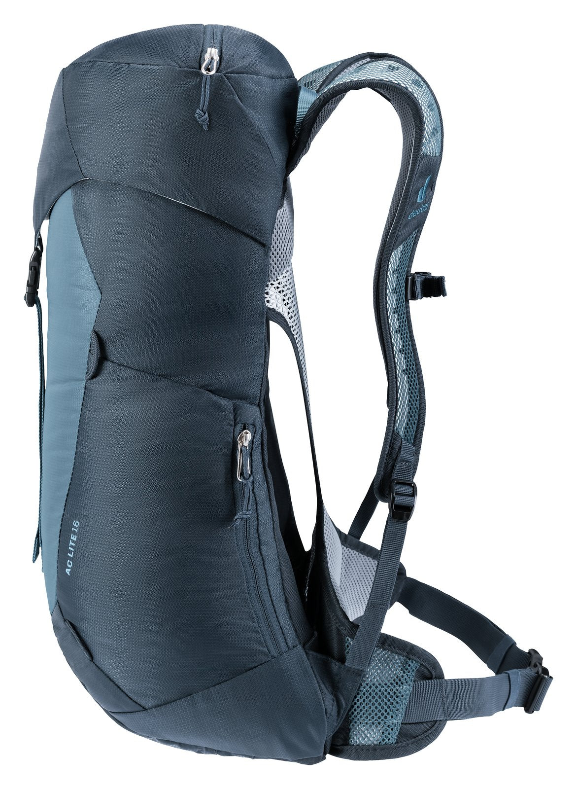 Deuter AC Lite 16 in Atlantic Ink, front three-quarter view with shoulder strap and side pocket