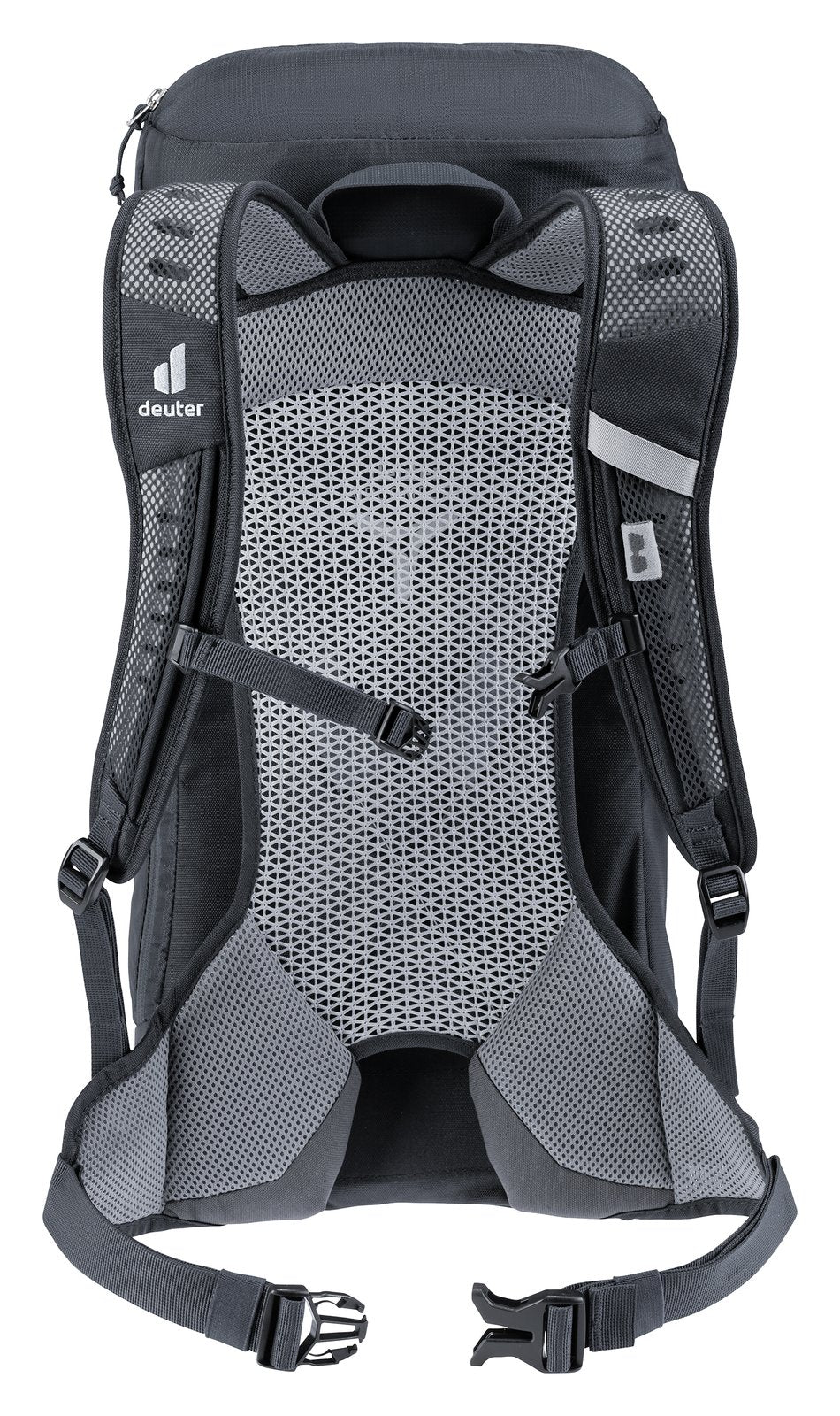 Back of the Deuter AC Lite 16 in Black showing the Aircomfort mesh panel and hip fins