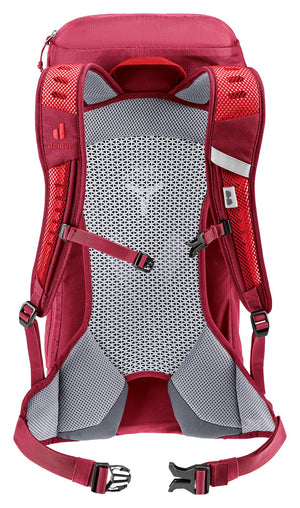 Deuter AC Lite 16 in Cherry Masala from behind, mesh back panel and red shoulder straps