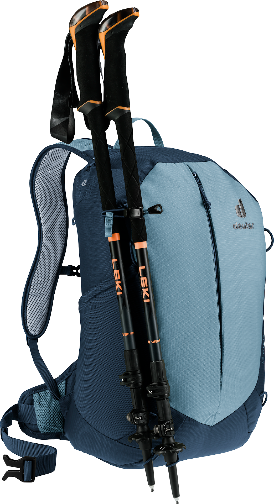 Deuter AC Lite 17 in Atlantic Ink carrying trekking poles (not included) on the front
