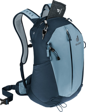 Deuter AC Lite 17 in Atlantic Ink with a small pouch in the open top pocket and keys on the key clip