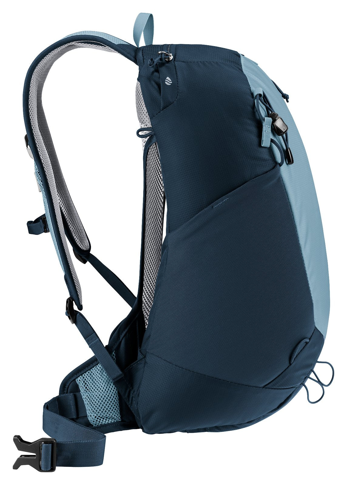 Deuter AC Lite 17 in Atlantic Ink, side profile with mesh side pocket and hip fin