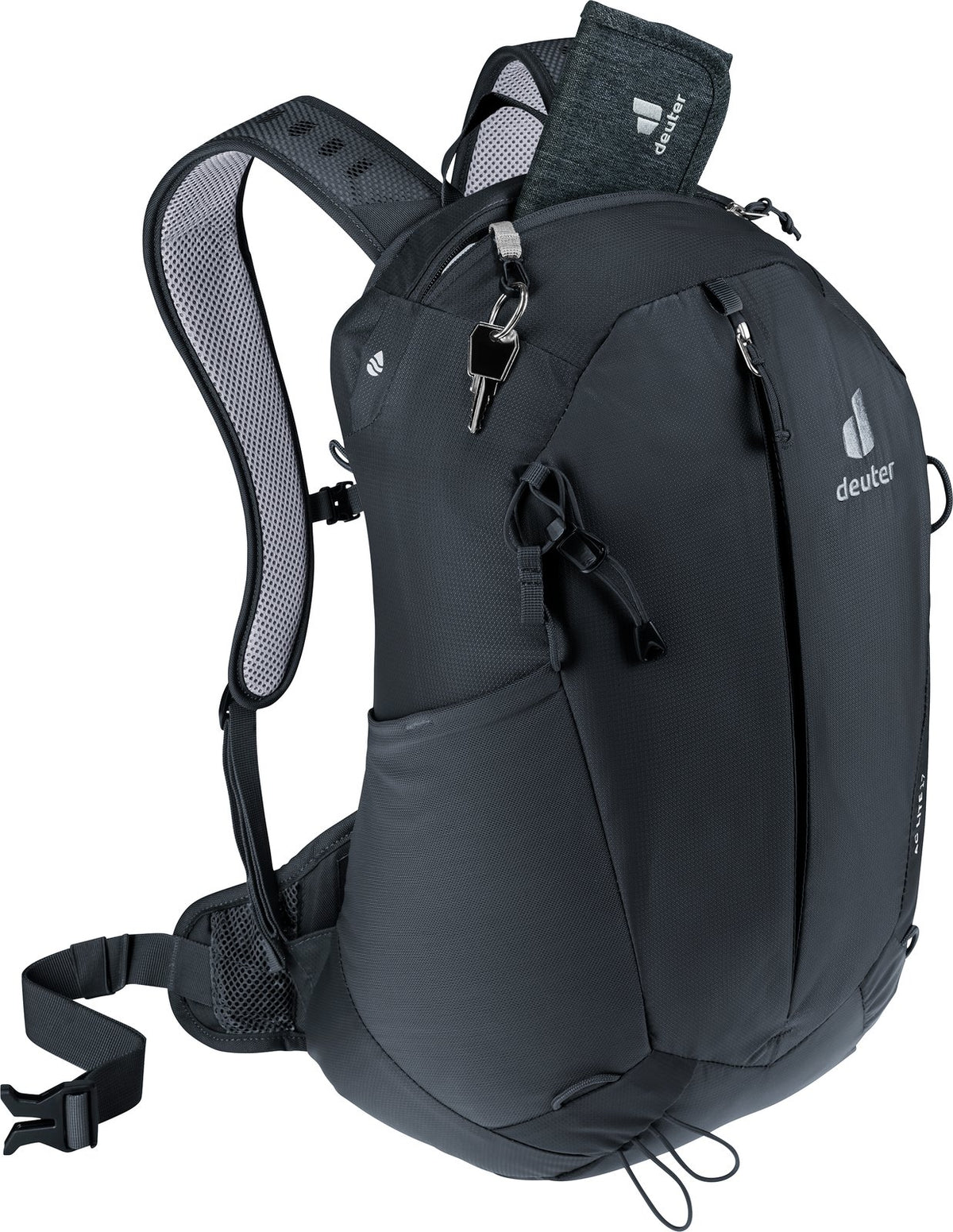 Deuter AC Lite 17 in Black with a small pouch in the open top pocket and keys on the key clip