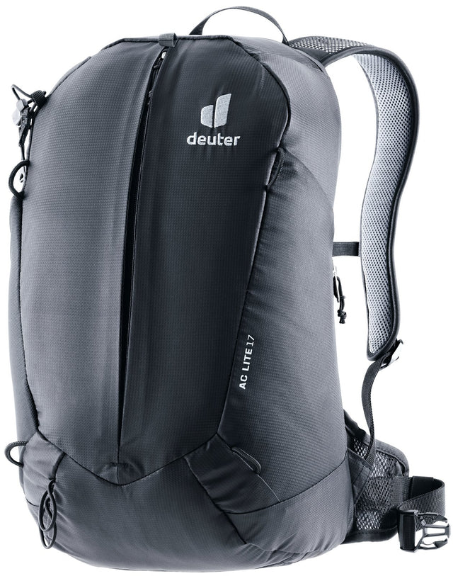 Deuter AC Lite 17 hiking daypack in Black, front three-quarter view showing the central front zip