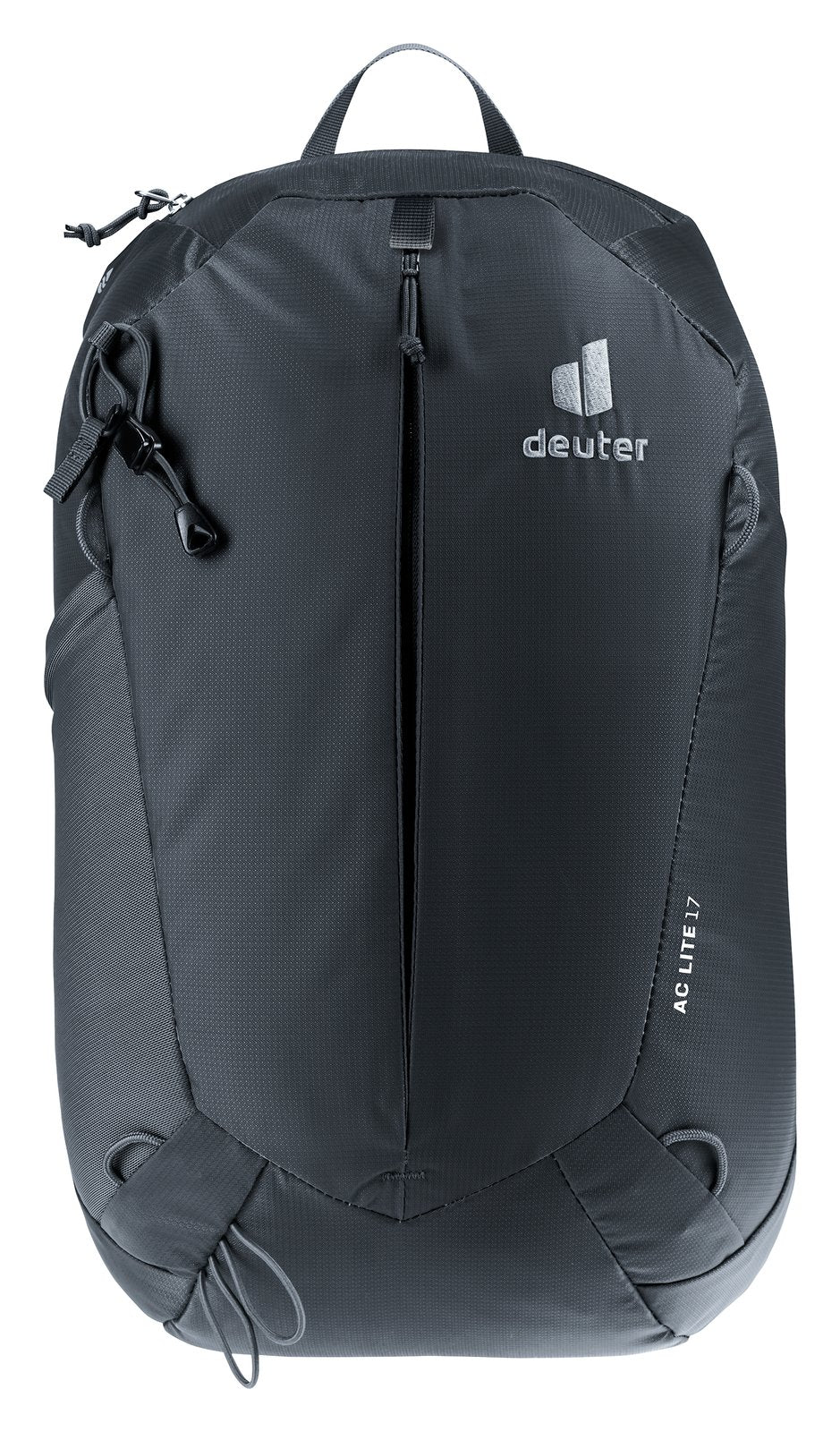 Deuter AC Lite 17 in Black, straight-on front view with the full-length zip closed