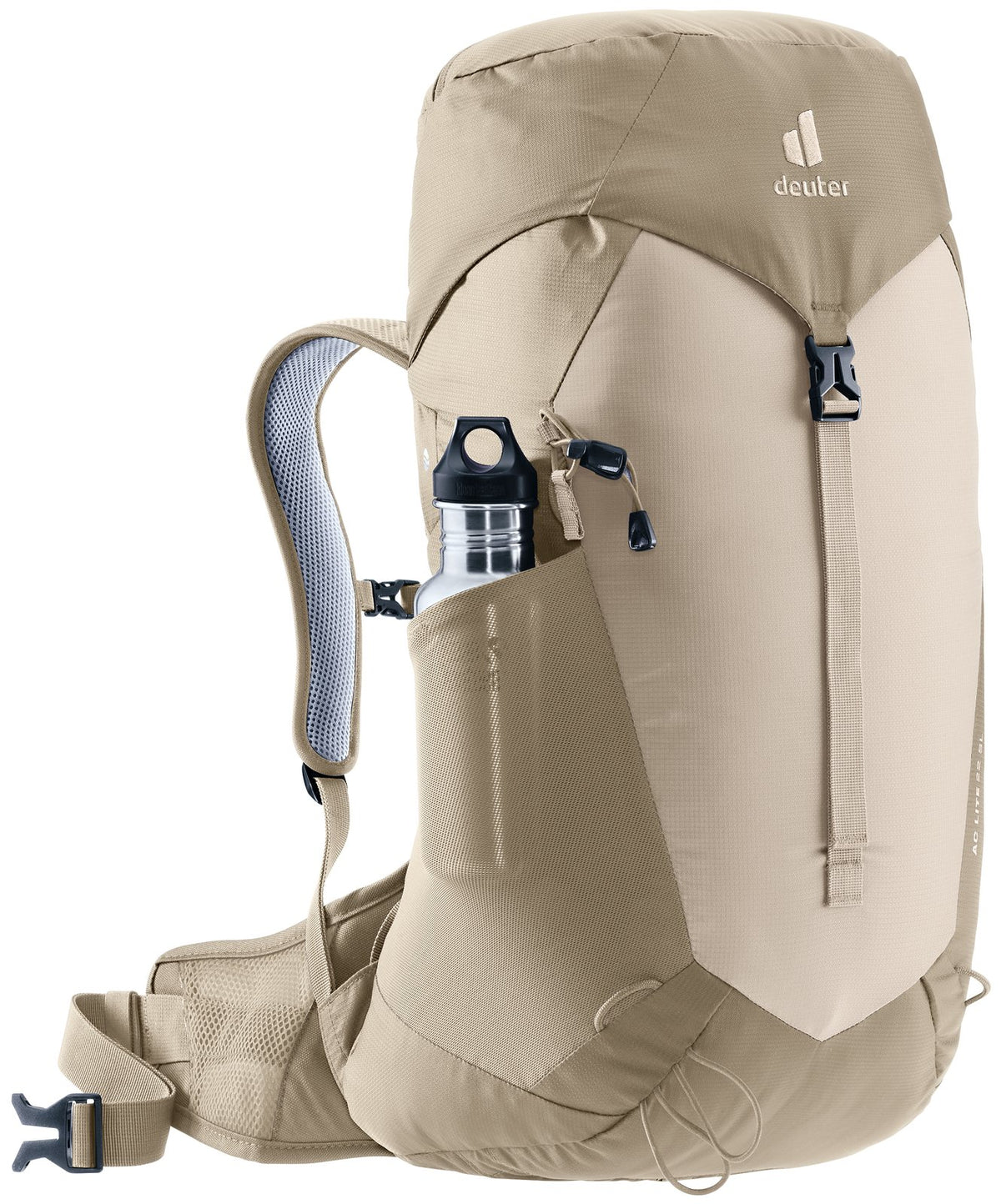 Deuter AC Lite 22 SL in Alu Greystone, front three-quarter view with bottle in side pocket