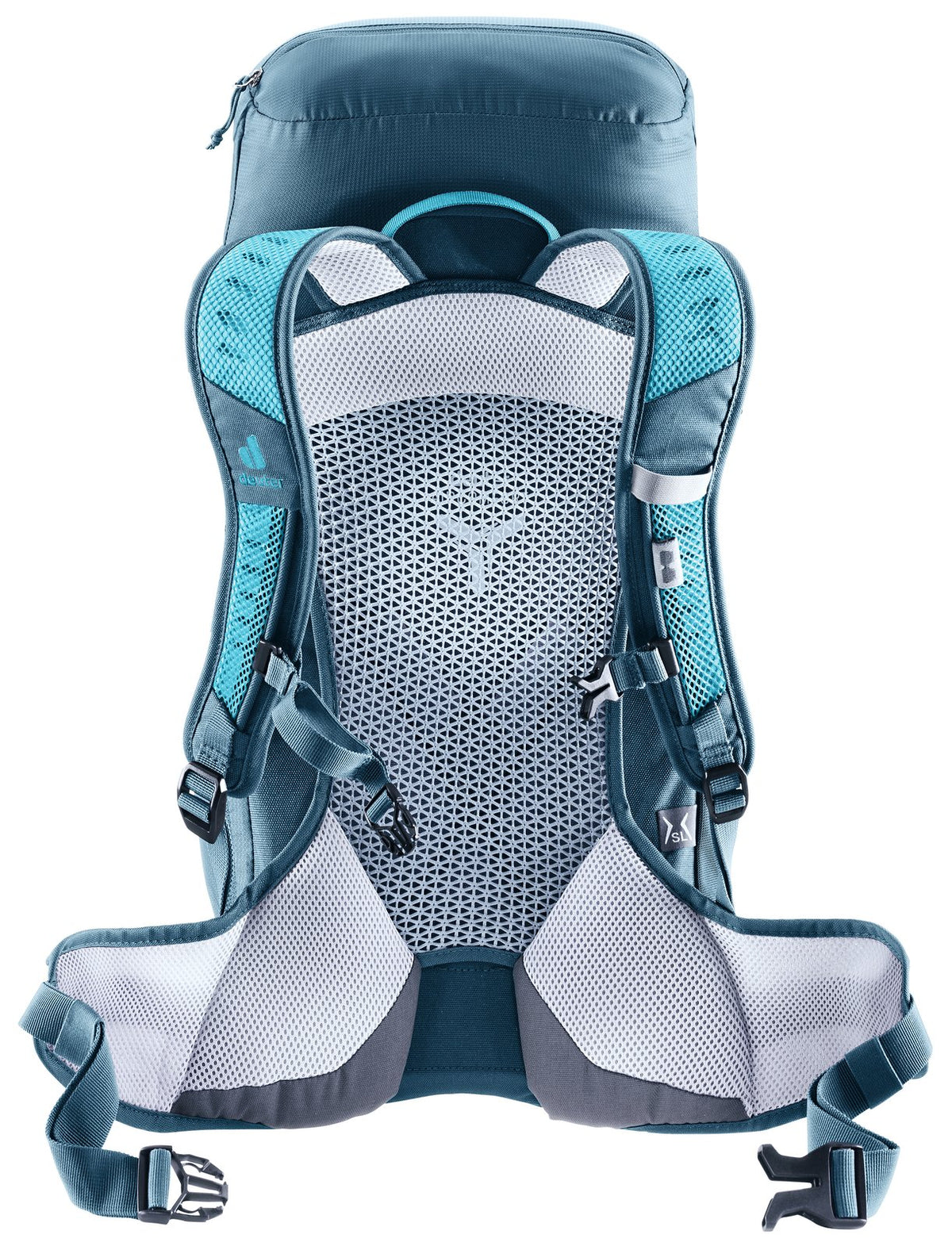 Deuter AC Lite 22 SL in Lagoon Atlantic, rear view of the mesh back and padded shoulder straps