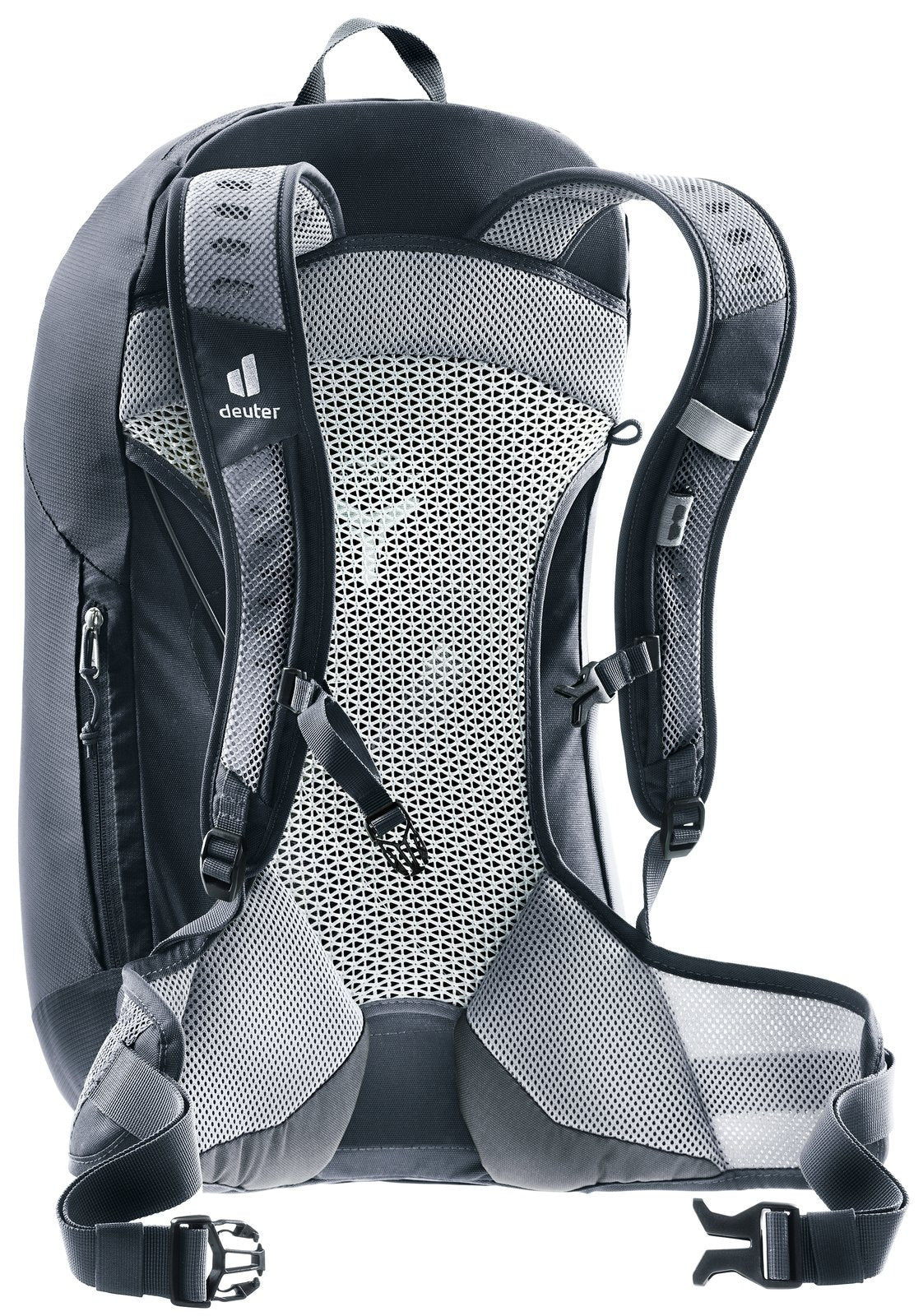 Deuter AC Lite 23 rear three-quarter view of the mesh back, sternum strap and padded hip fins