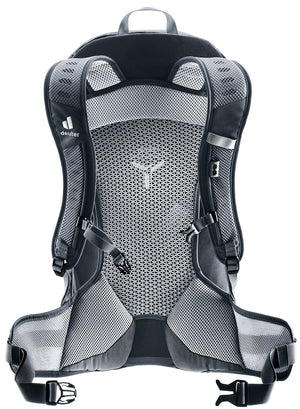 Back of the Deuter AC Lite 23 showing the Aircomfort mesh panel, shoulder straps and hip fins