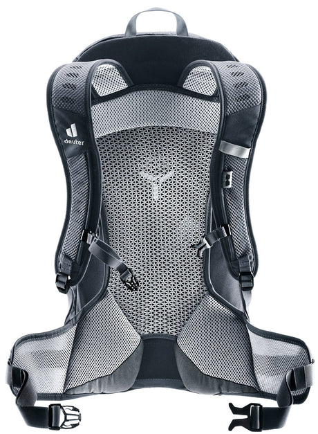 Back of the Deuter AC Lite 23 showing the Aircomfort mesh panel, shoulder straps and hip fins