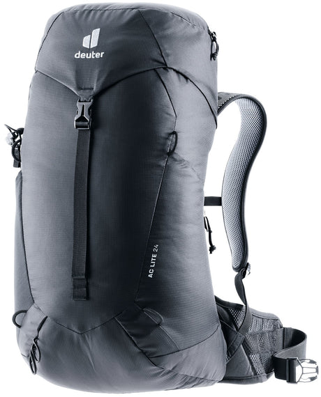Deuter AC Lite 24 hiking daypack in Black, front three-quarter view with lid and side mesh pocket