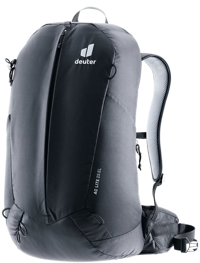 Deuter AC Lite 25 EL hiking backpack in Black, front three-quarter view with central front zip