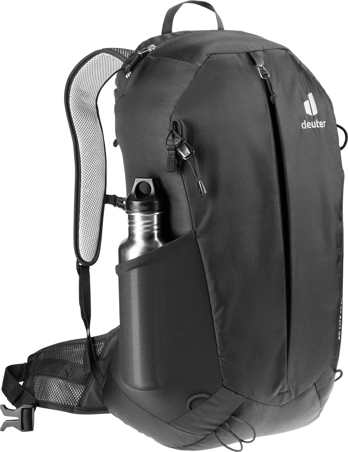 Deuter AC Lite 25 EL with a steel drink bottle in the mesh side pocket