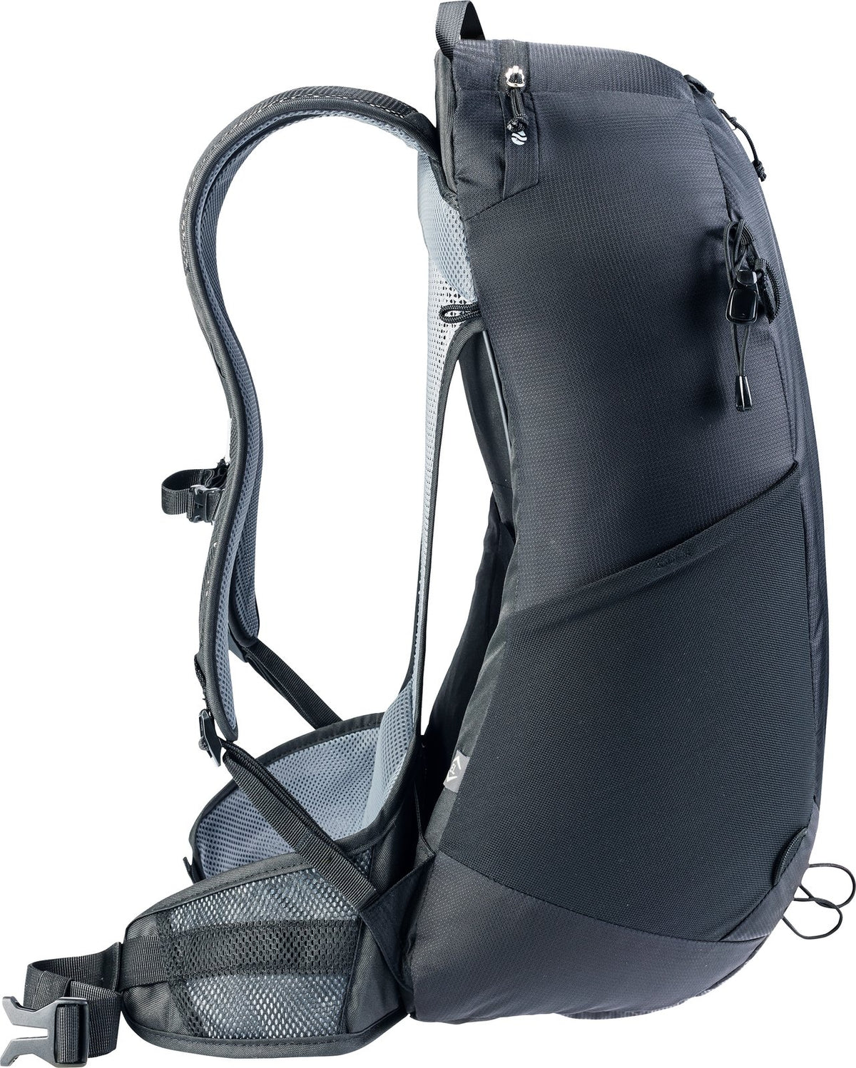 Side profile of the Deuter AC Lite 25 EL showing the gap between the curved pack body and mesh back