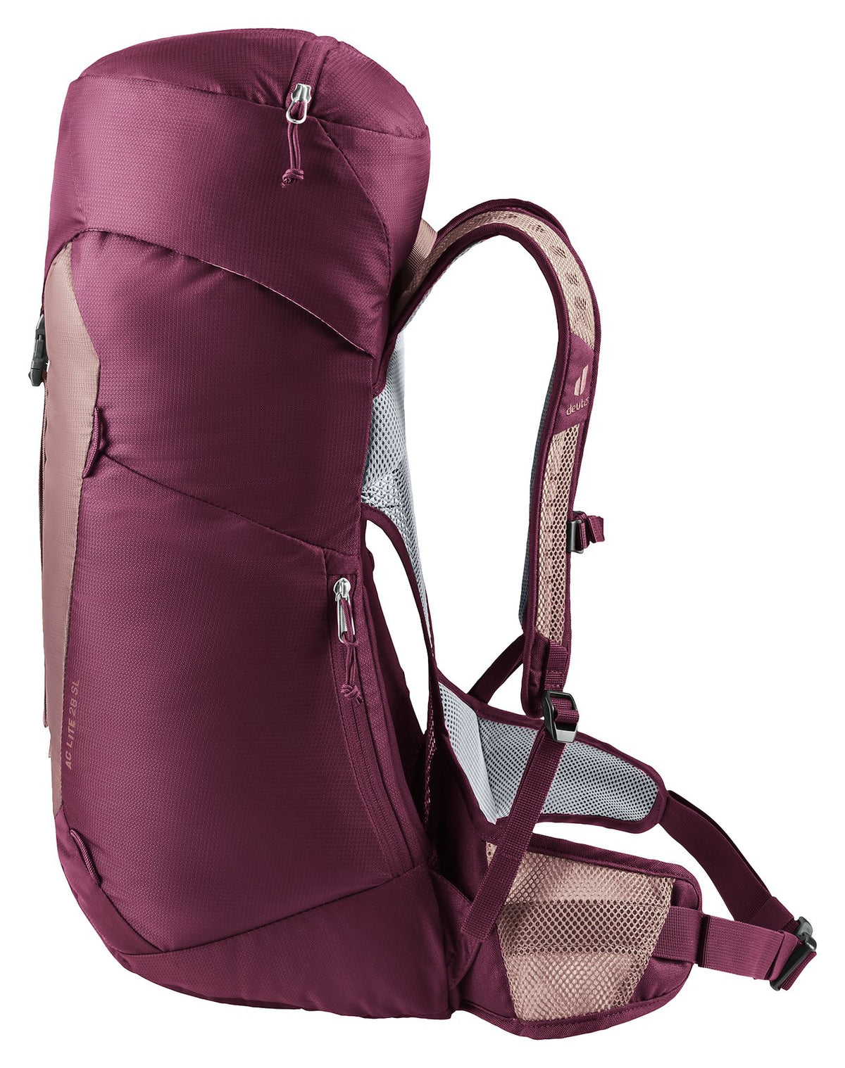 Deuter AC Lite 28 SL in Ashrose Cassis, side view of the lid and side pocket