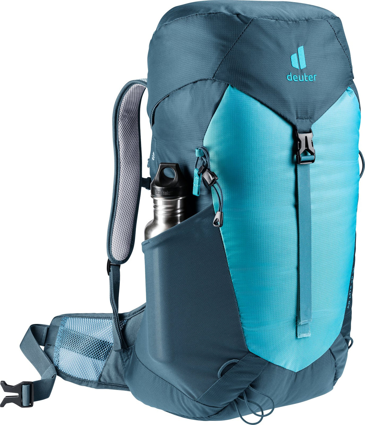Deuter AC Lite 28 SL in Lagoon Atlantic carrying a bottle in the stretch mesh side pocket
